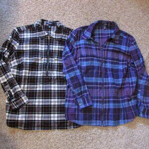 NWOT Set 2 Chaps 1X Zipper Flannel Shirts Black White Purple Blue Plaid Pockets